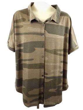 LuLaRoe Olive and Dark Green Camo Button-Down Top